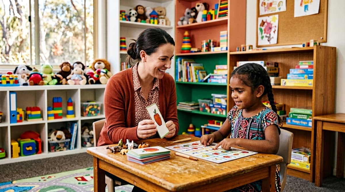 Speech pathologist using flashcards during a communication therapy session with a child